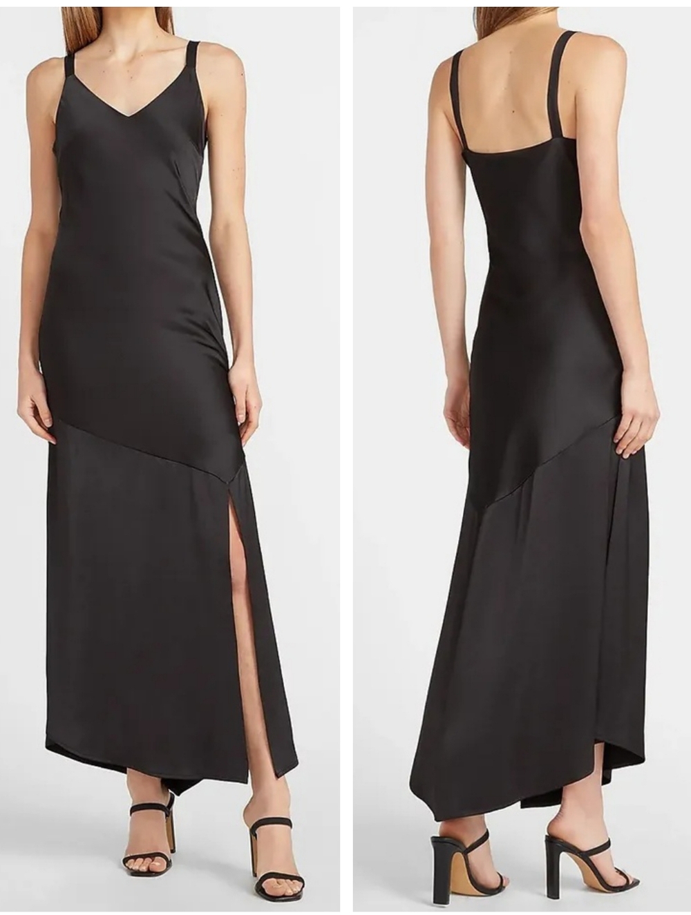 EXPRESS Satin V-Neck Maxi Slip Dress with Side Slit in Black Size M